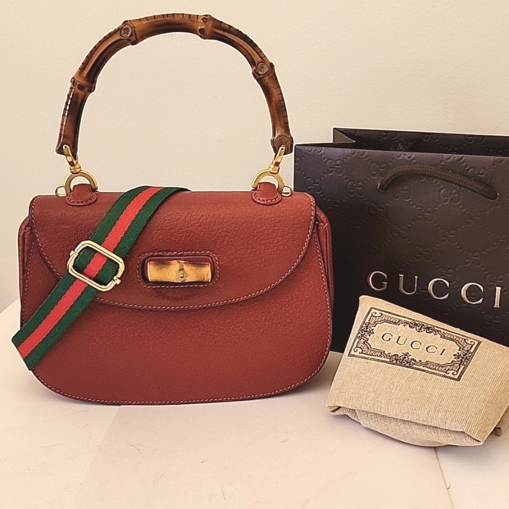 Rare Gucci Leather Bamboo Top Handle Nano Saddle Bag Burgundy + Entrupy COA